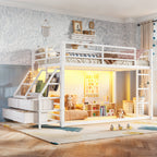 Twin Over Twin Bunk Bed with Storage Shelves and LED Lights - White
