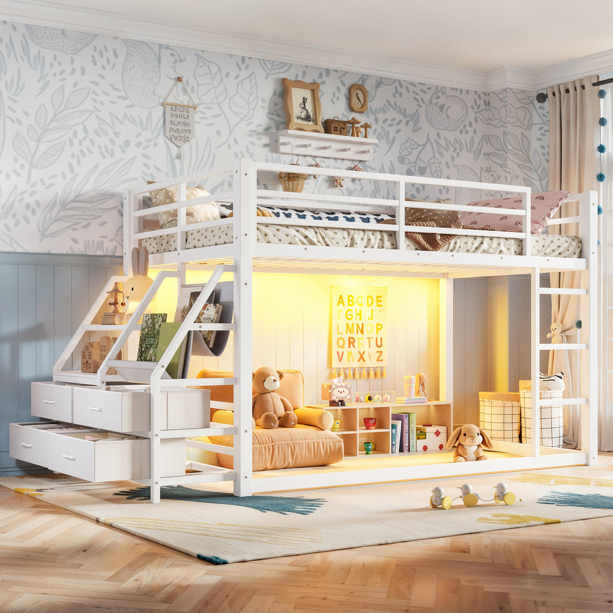 Twin Over Twin Bunk Bed with Storage Shelves and LED Lights - White