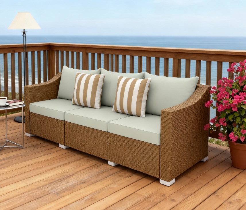 Rattan Wicker Outdoor Sofa with Cushions and Throw Pillows