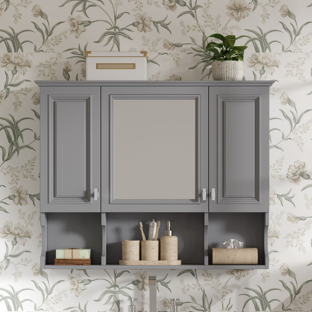 Wall Mounted Bathroom Medicine Cabinet With Mirror & Open Shelves