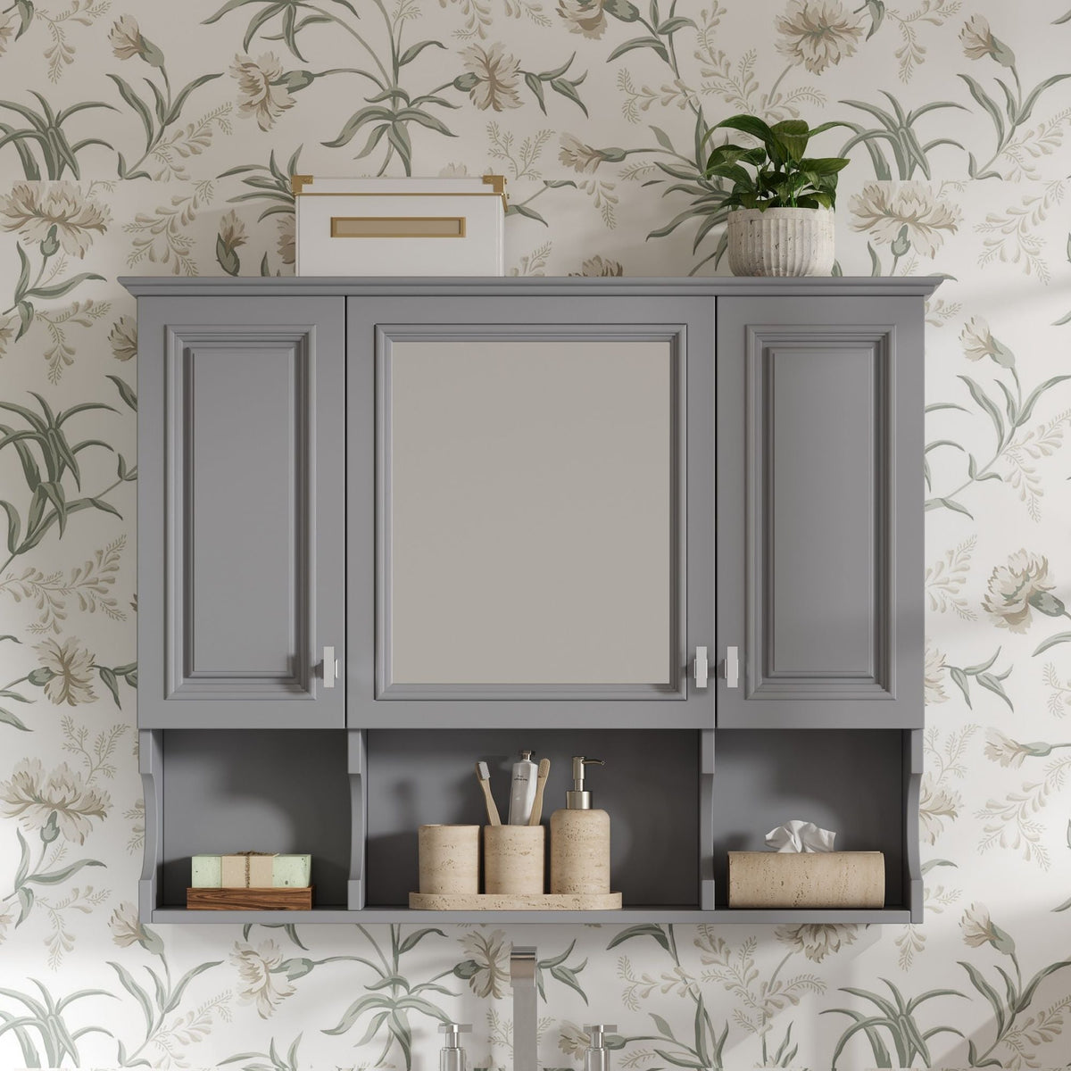 Wall Mounted Bathroom Medicine Cabinet With Mirror & Open Shelves