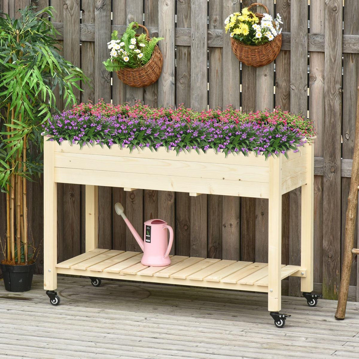 Raised Wooden Planter Box with Lockable Wheels - Natural