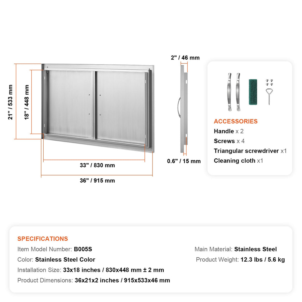 Stainless Steel BBQ Access Door with Ergonomic Handles - Silver