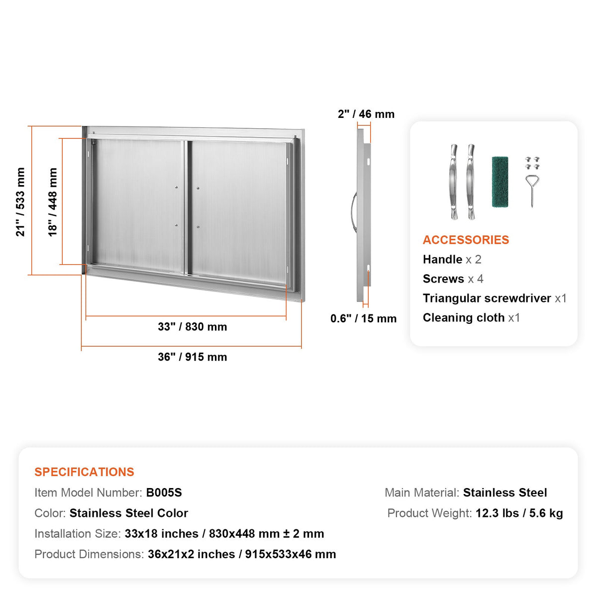 Stainless Steel BBQ Access Door with Ergonomic Handles - Silver