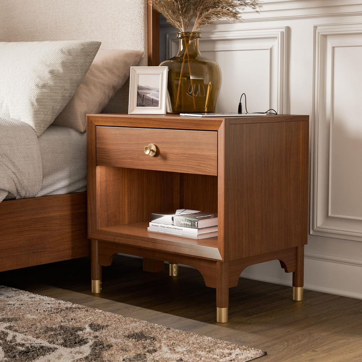 Mid Century Modern Nightstand with USB Port - Wood, Gold Accent