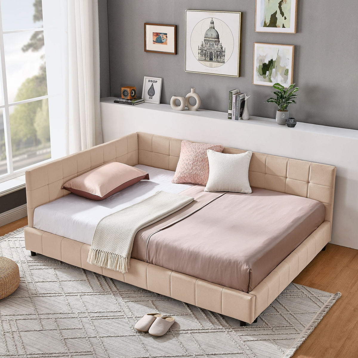 Mid-Century Storage Upholstered Tufted Bed Frame with Backrest and Armrests - Multiple Colors
