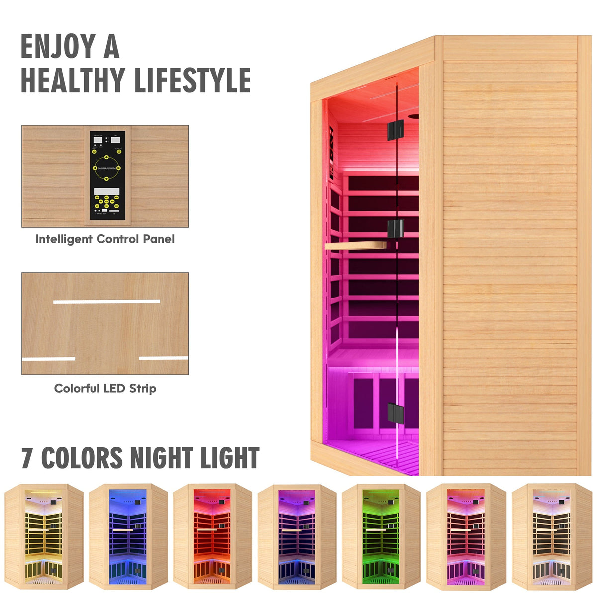 Canadian Hemlock Double Sauna with Bluetooth & LED Lights - Natural/Graphite