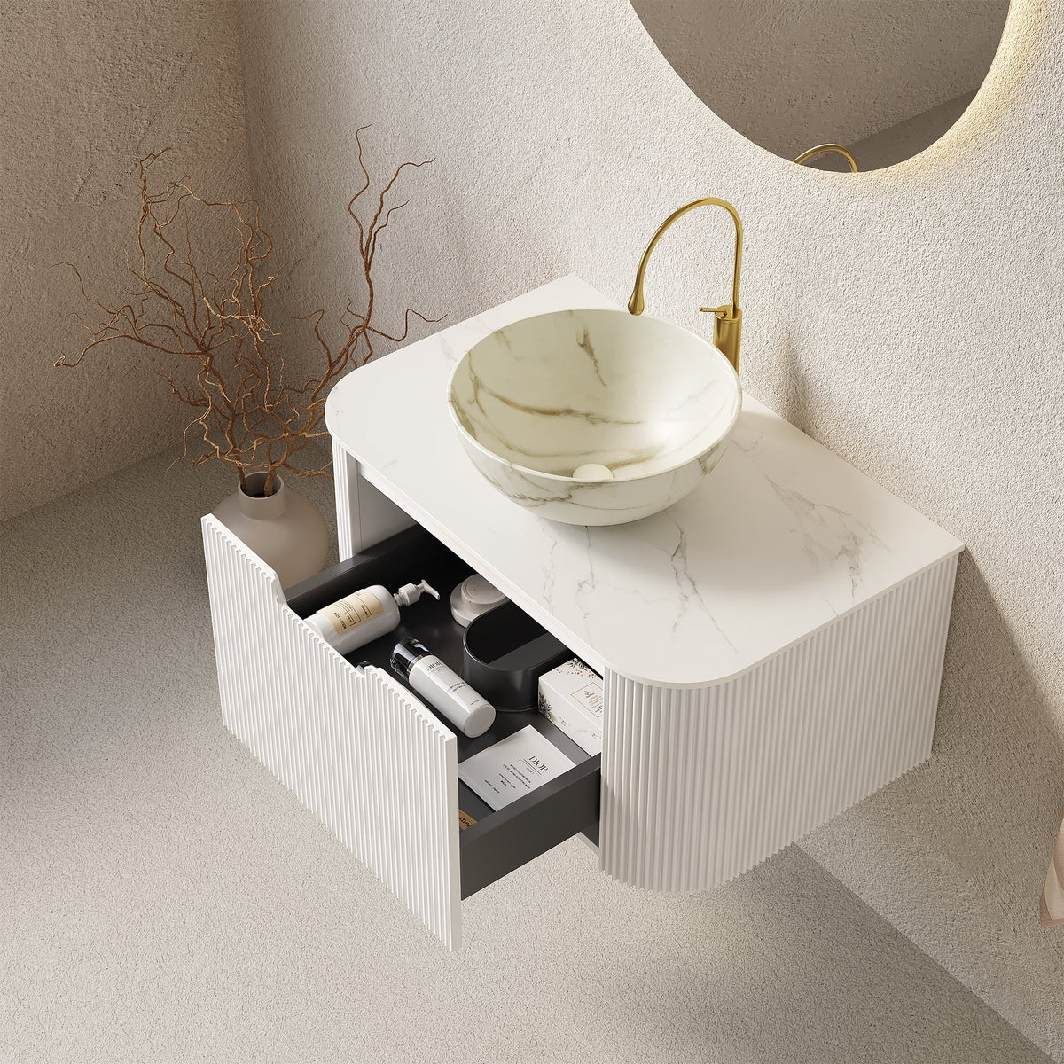 DINA 30" Bathroom Vanity & Sink with Floating Curved Edges - Multiple Colors