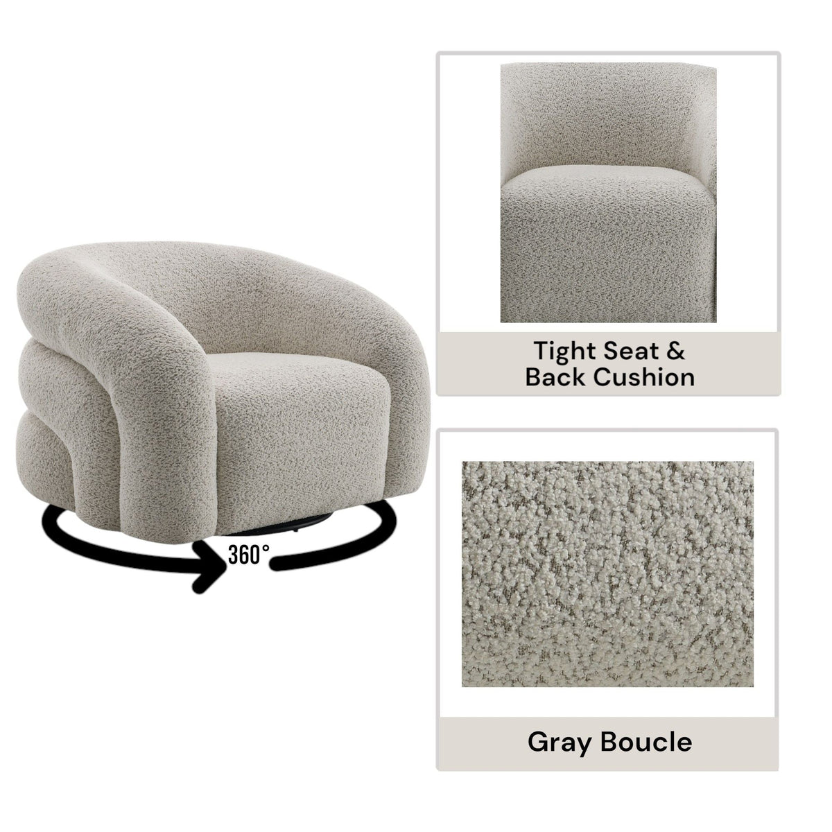 Gray Boucle Swivel Chair with 360° Rotation – Irma Chair