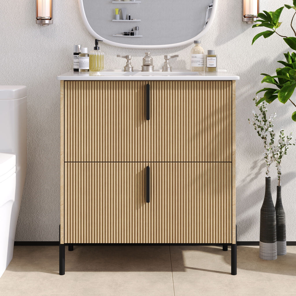 Bathroom Vanity With Ceramic Sink and Fluted Design - Dark Green, White, Light Brown