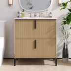 Bathroom Vanity With Ceramic Sink and Fluted Design - Dark Green, White, Light Brown