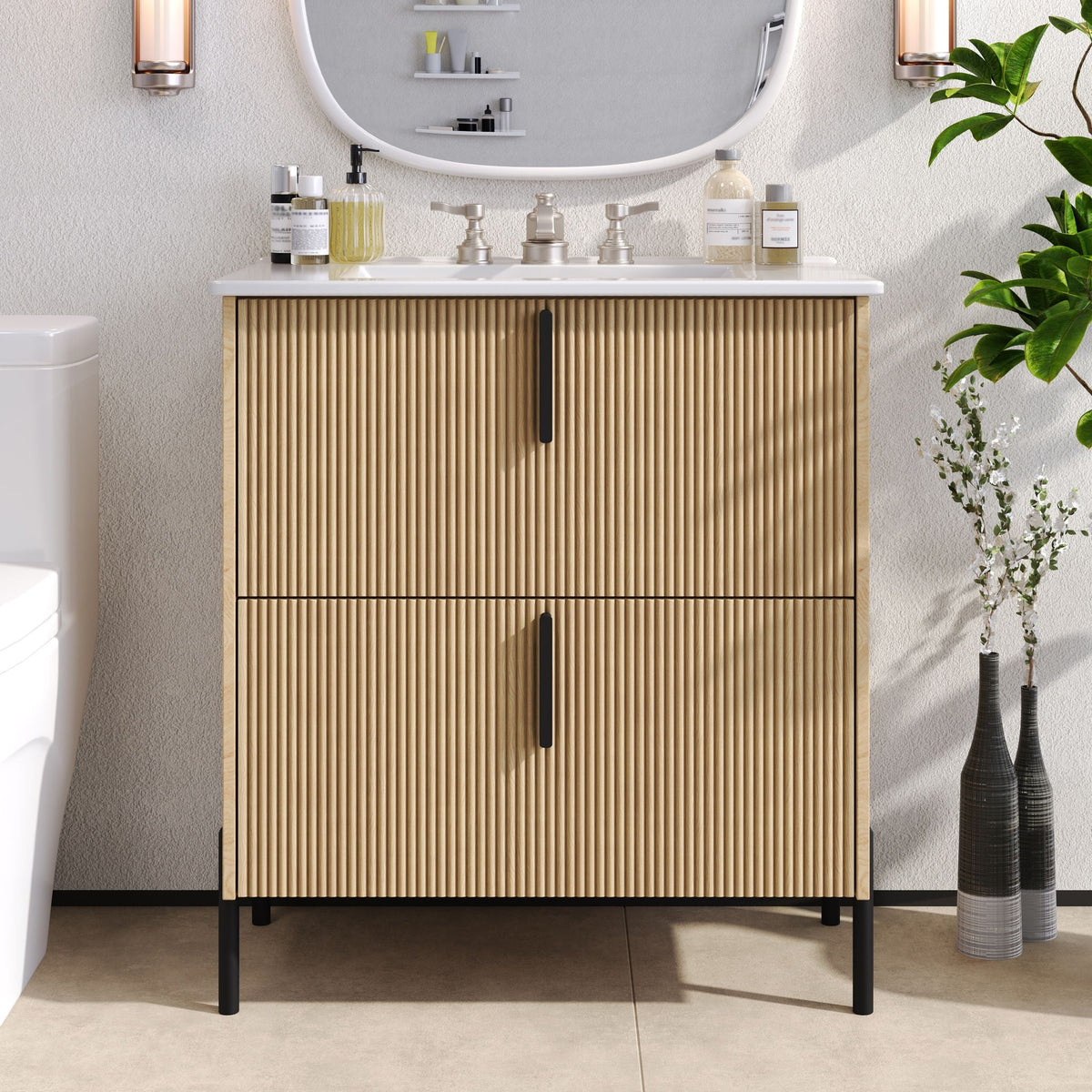 Bathroom Vanity With Ceramic Sink and Fluted Design - Dark Green, White, Light Brown