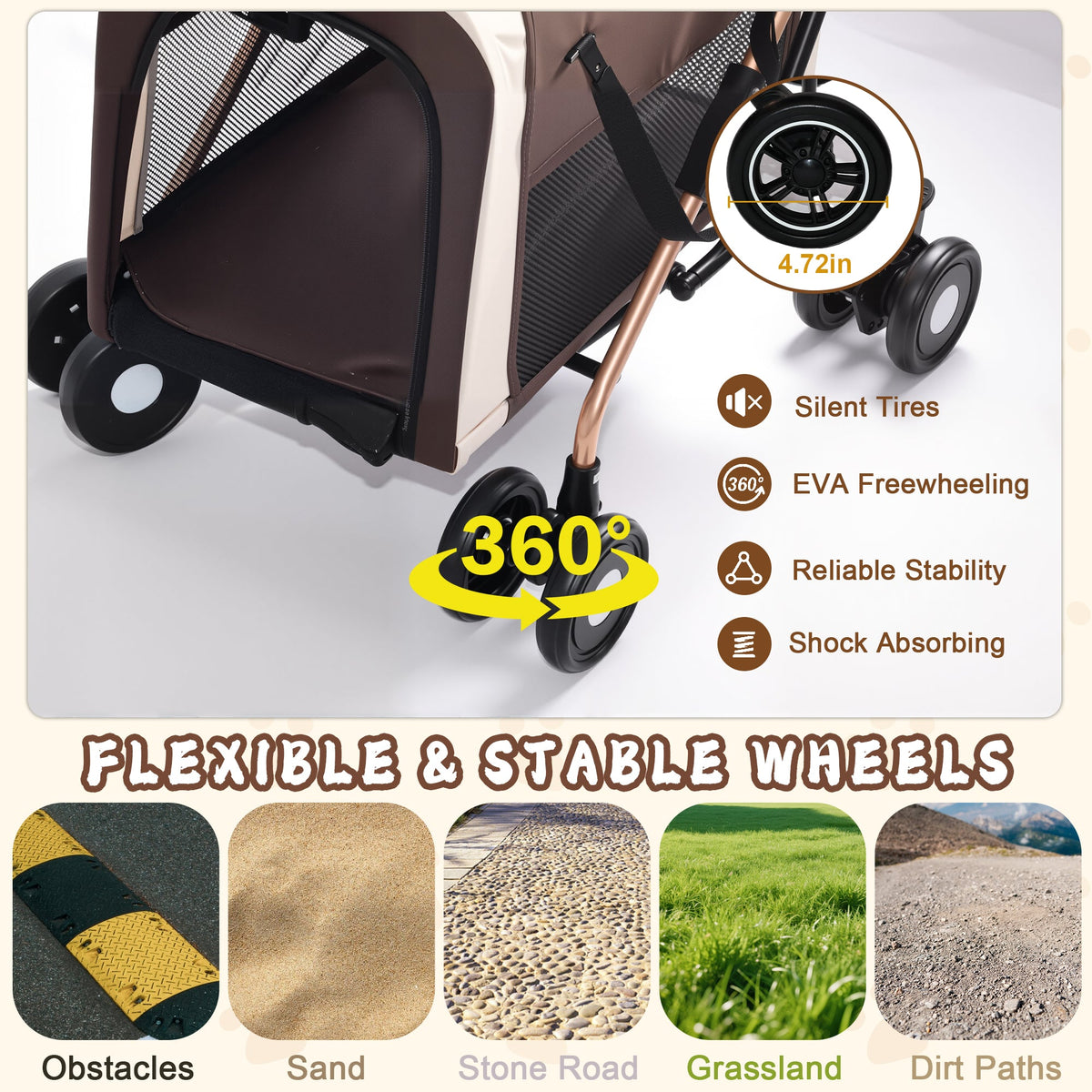 Double Pet Stroller for Dogs and Cats with Foldable Frame - Khaki