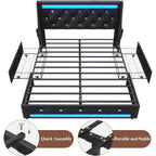 Wingback Upholstered Bed Frame with LED Lights and Charging Station - Black or White