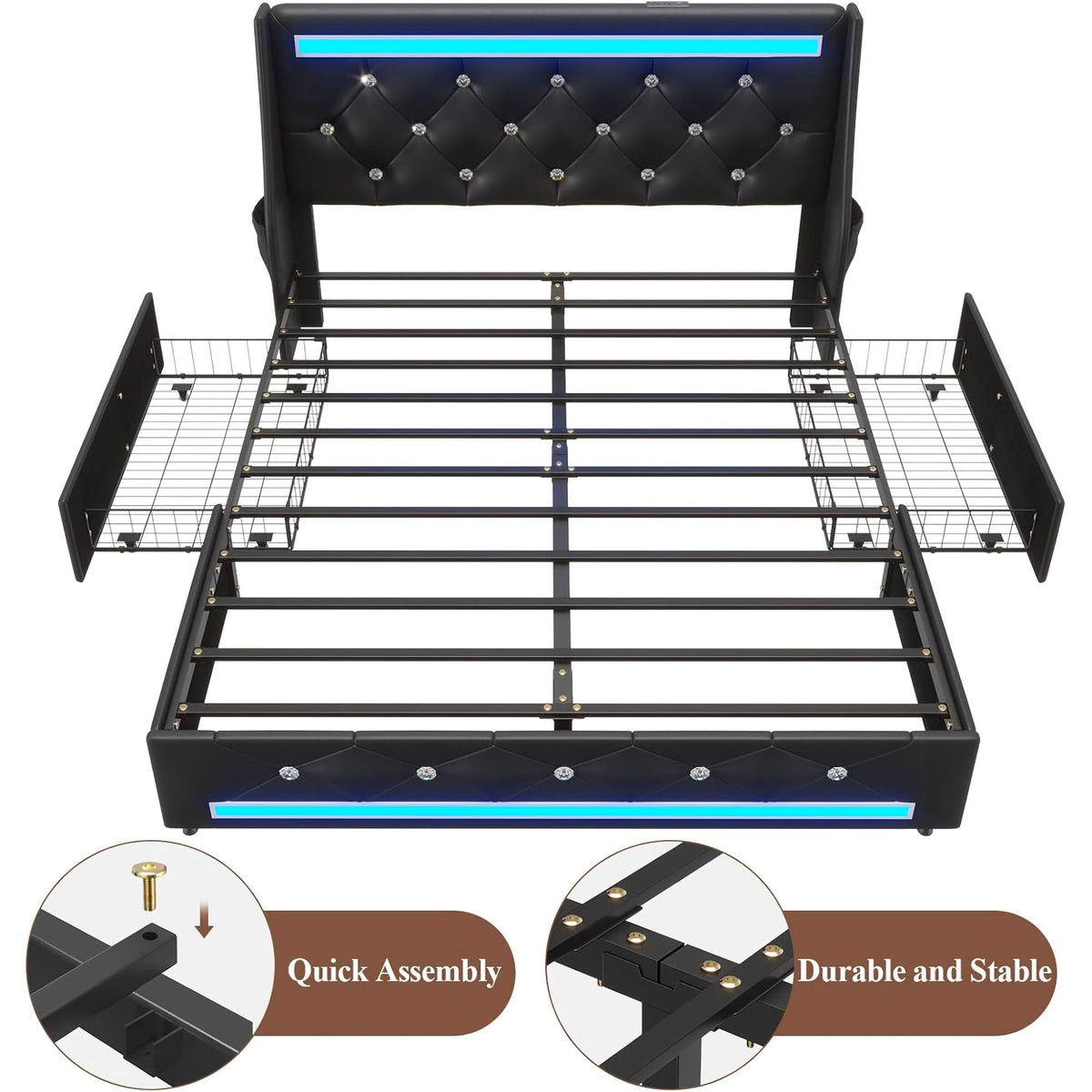Wingback Upholstered Bed Frame with LED Lights and Charging Station - Black or White
