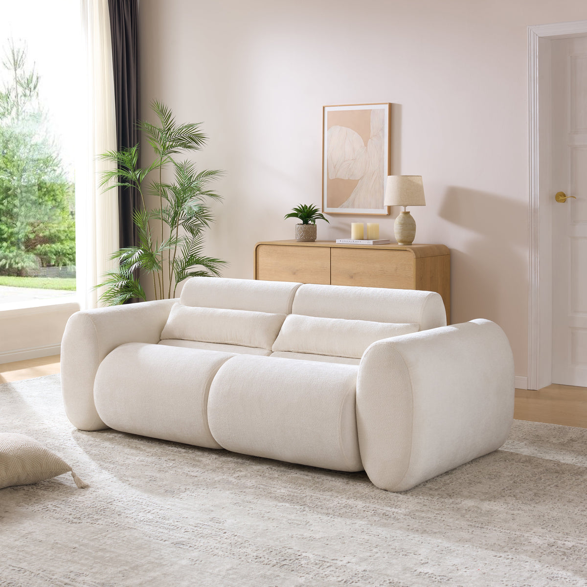 Curved 3-Seater Upholstered Chenille Sofa with Round Arm - Snow