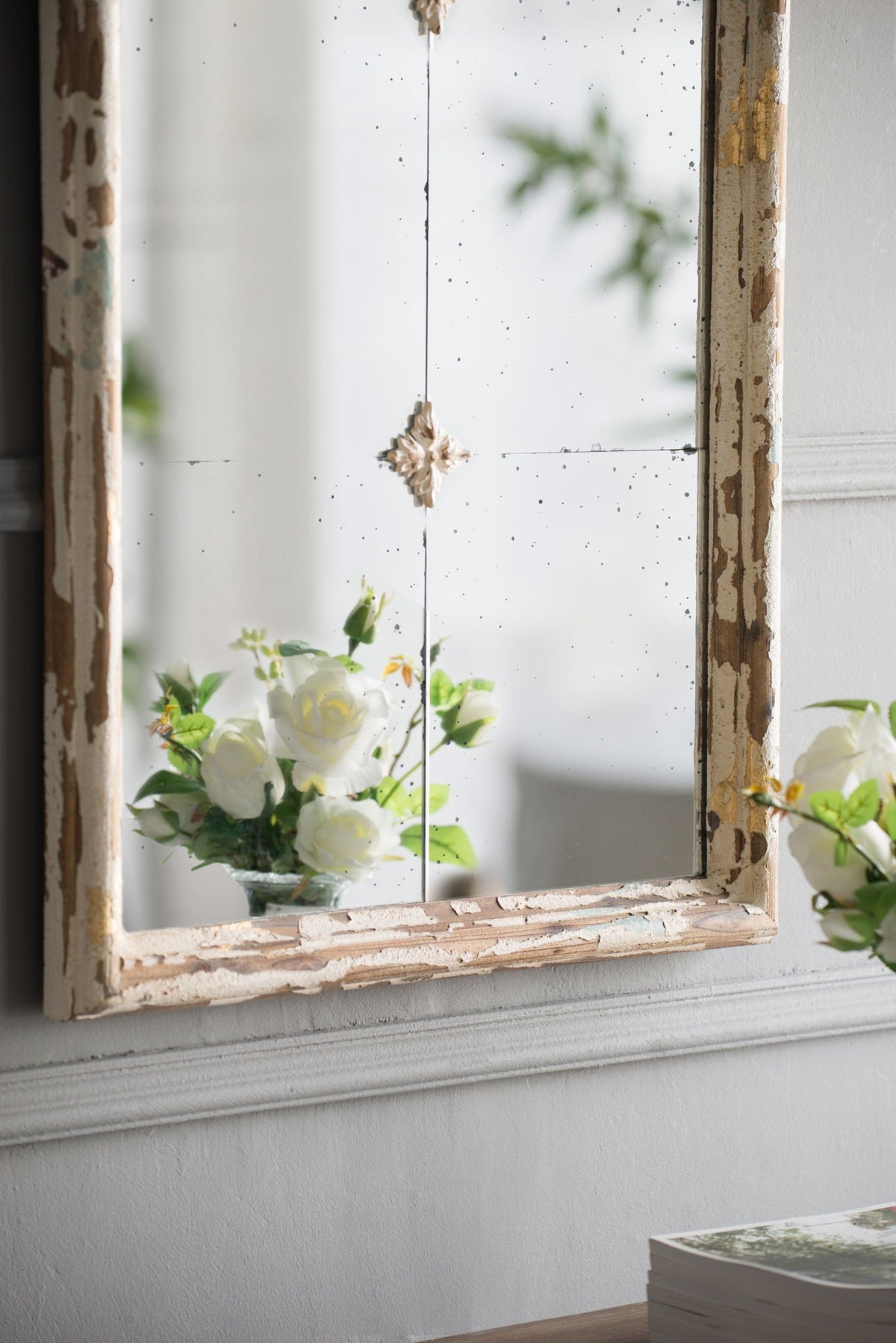 Large & Framed Arched Wall Mirror with Decorative Window Design - Cream