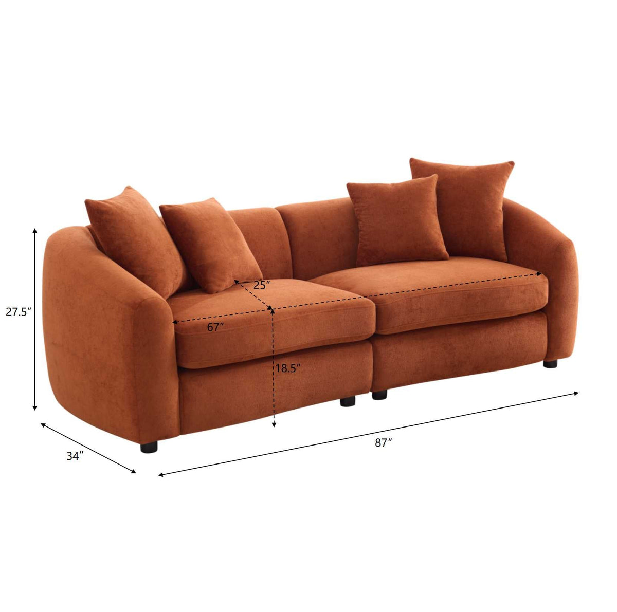 Modern Curved 3 Seater Velvet Sofa with Sturdy Wood Frame - Orange or Camel