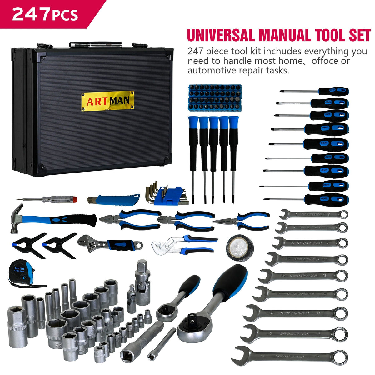 247-Piece Basic Home Maintenance Tool Kit with Aluminum Case - Blue