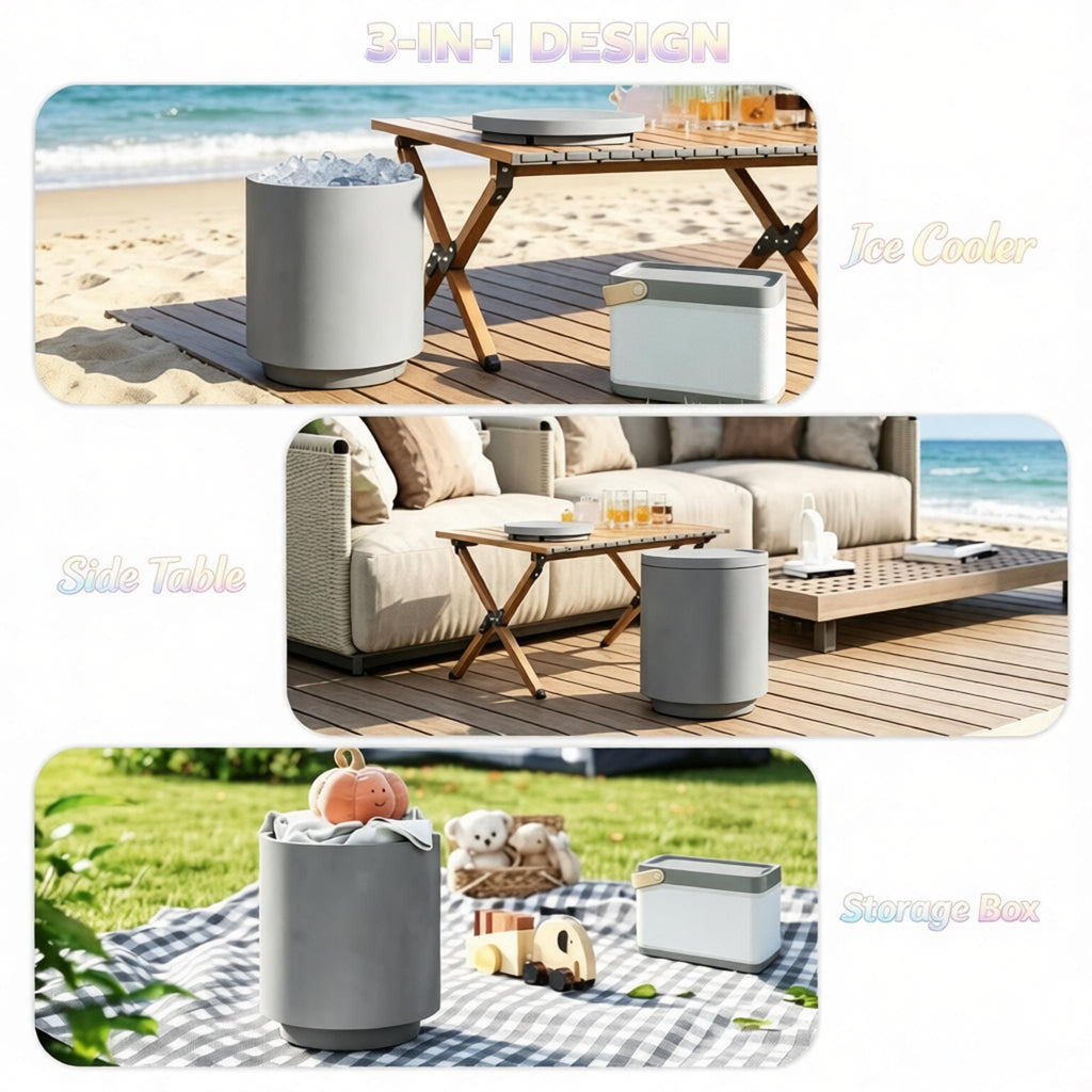 Portable Storage Box Cooler Side Table with Removable Ice Bucket - Concrete