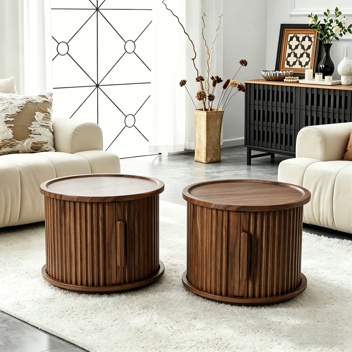 Round Nightstands with Sliding Door Storage - Walnut
