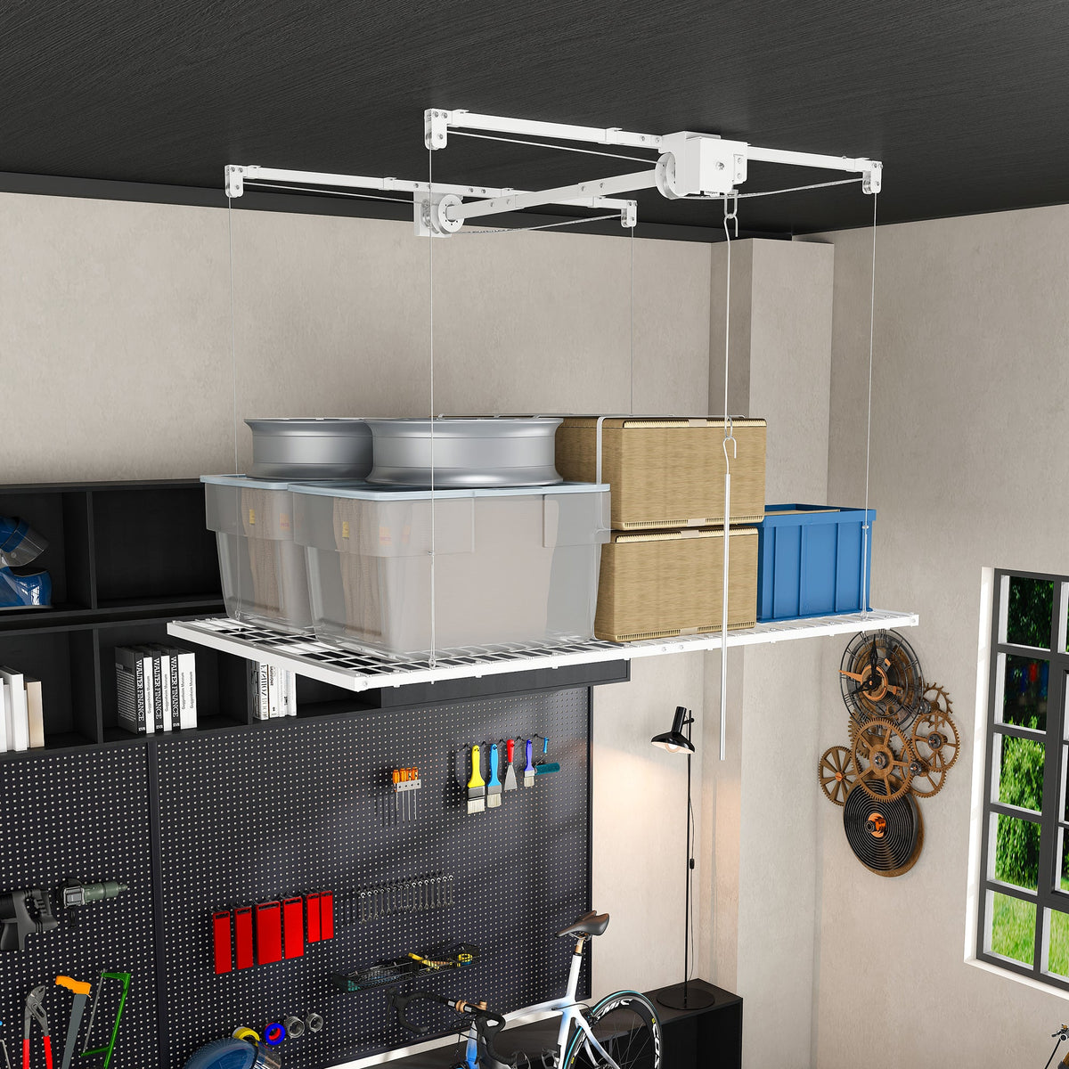Overhead Garage Storage Rack with All-Steel Construction - White