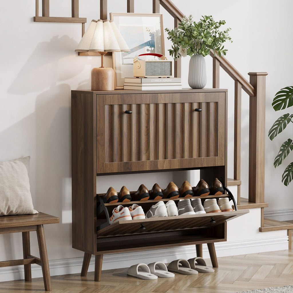 Walnut Shoe Cabinet Storage Unit with Tiered Storage - Dark Brown