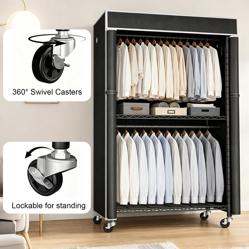 Freestanding Garment Rack with Dust Cover – Iron Frame, Mobile - Black