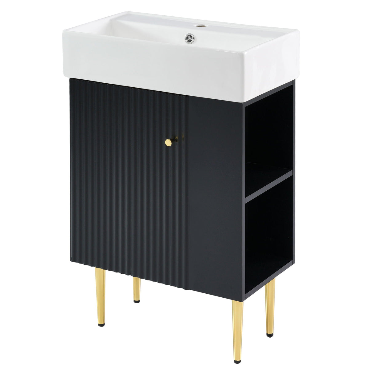 Bathroom Vanity with Single Ceramic Sink and Side Storage - Multiple Colors