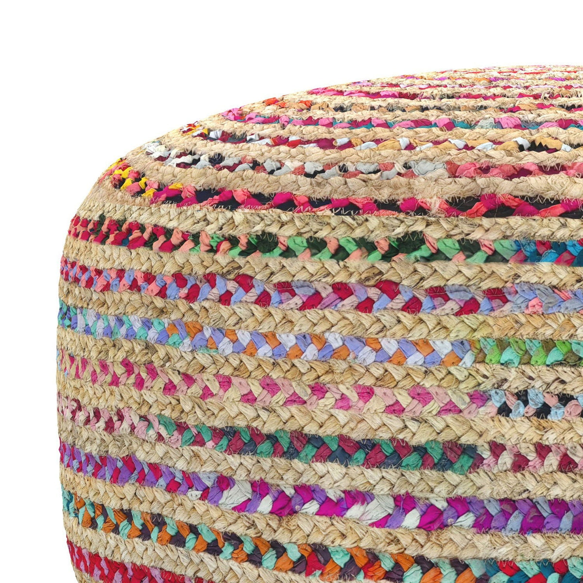 Large Round Pouf with Woven Cotton & Jute - Multicolor
