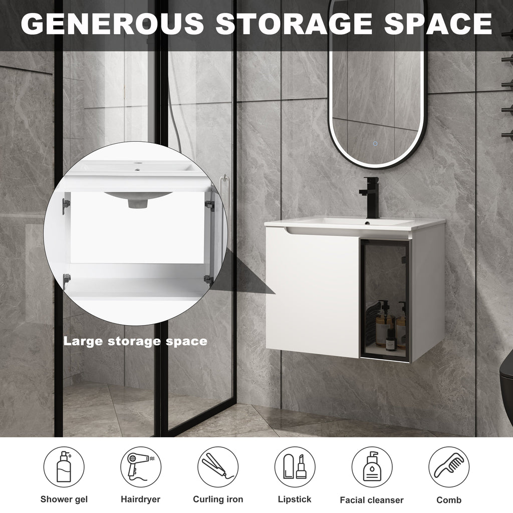 24" Wall-Mounted Bathroom Vanity with Ceramic Sink - Glossy White