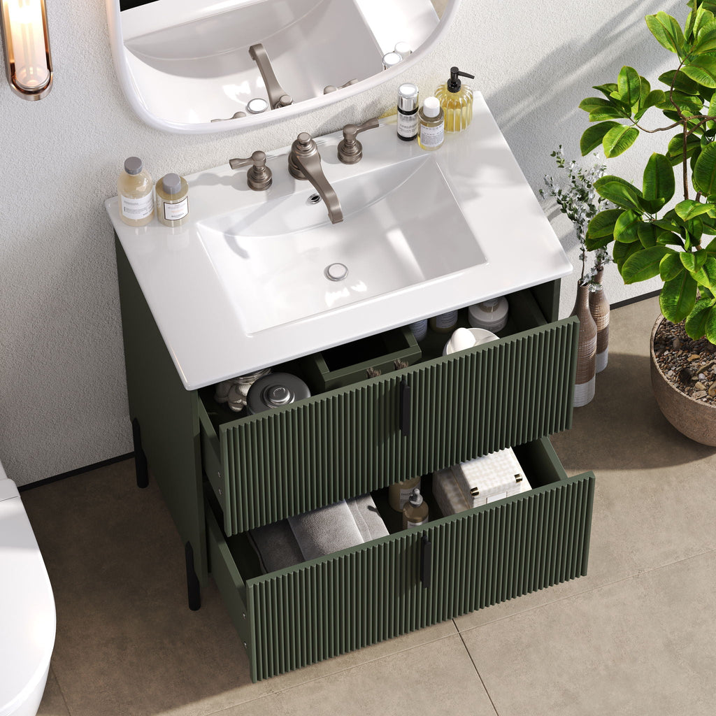 Bathroom Vanity With Ceramic Sink and Fluted Design - Dark Green, White, Light Brown