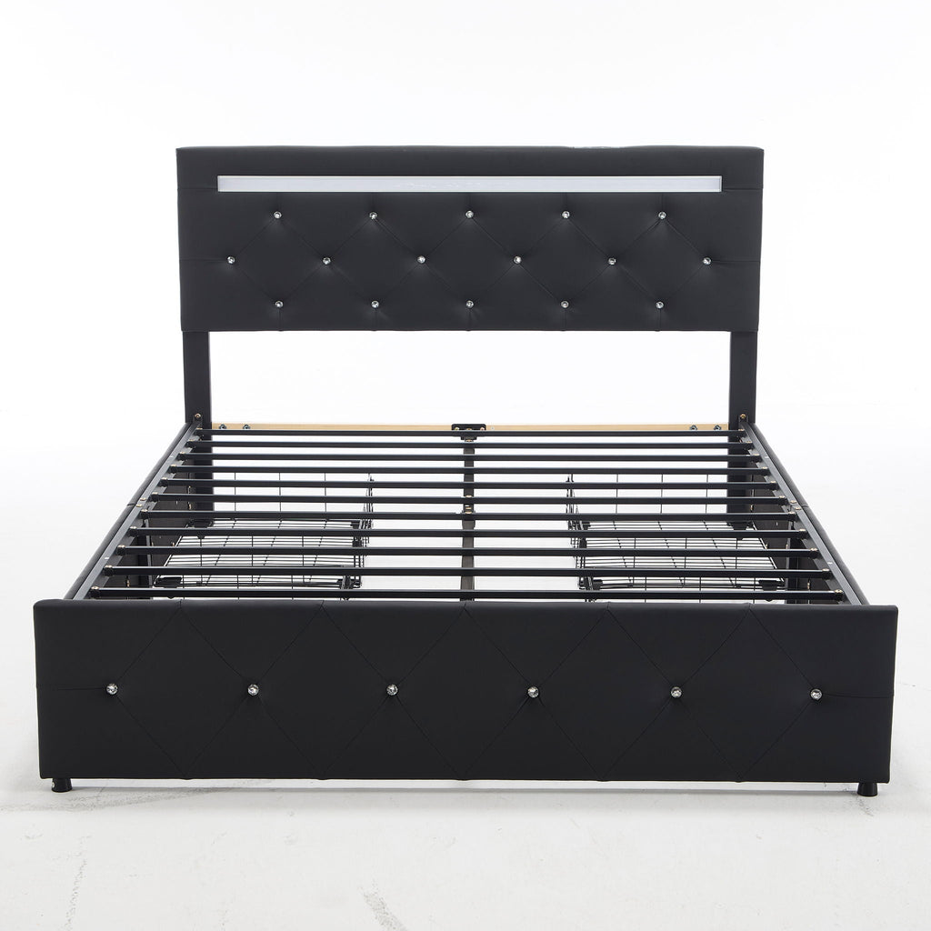 Upholstered Storage Bed Frame with LED Lights and Drawers – White or Black