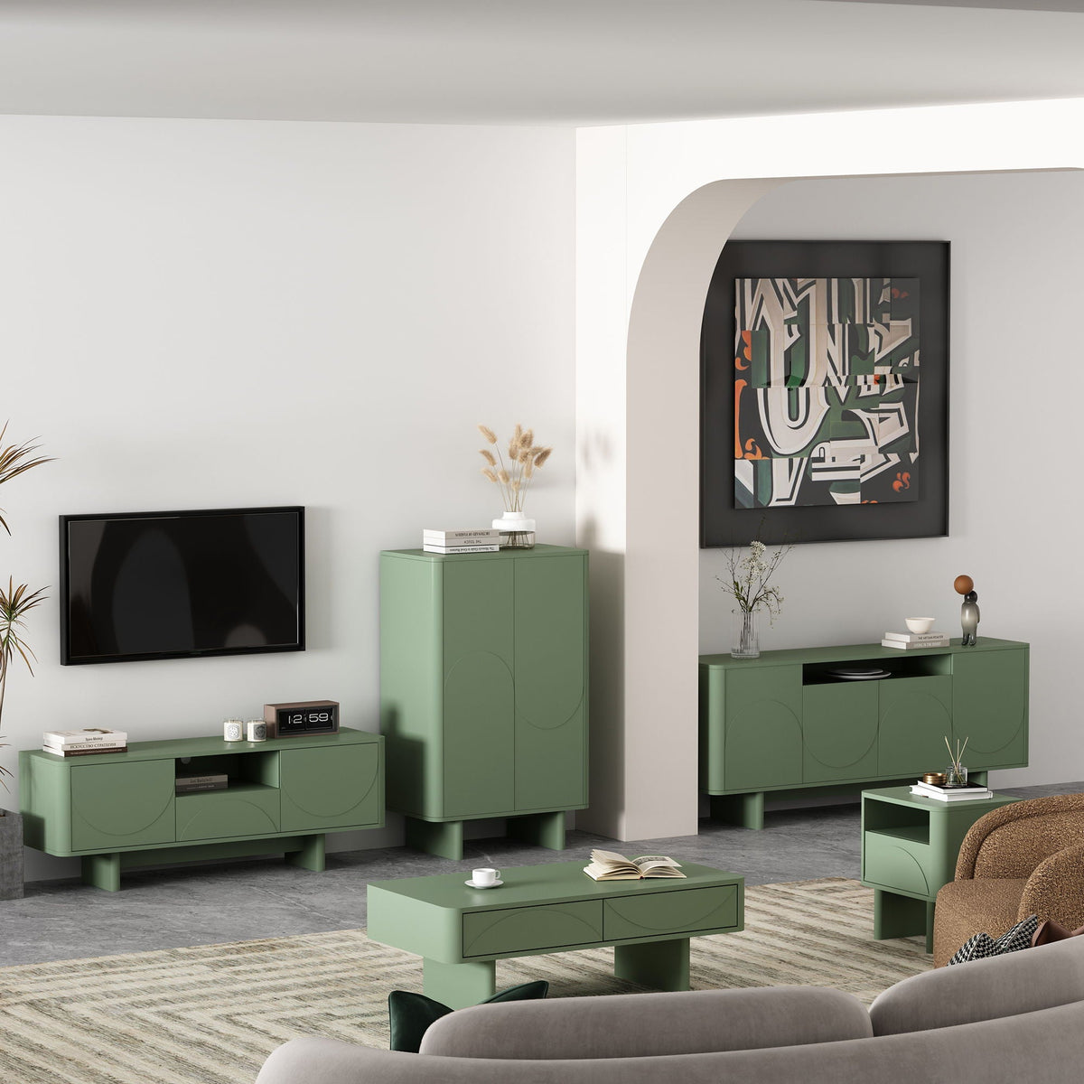 Sideboard With Adjustable Shelves and Soft Close Doors - White, Light Brown, Green