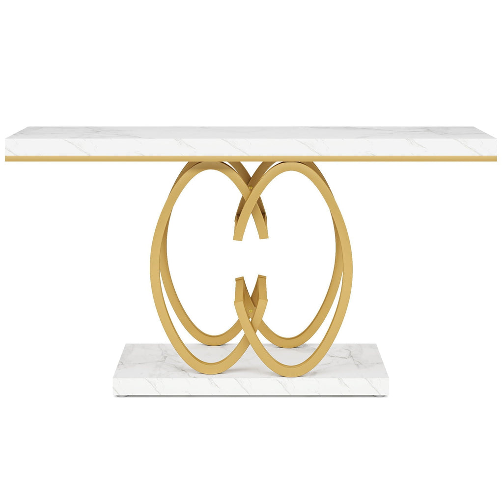 White and Gold Console Table with Geometric Base - Faux Marble