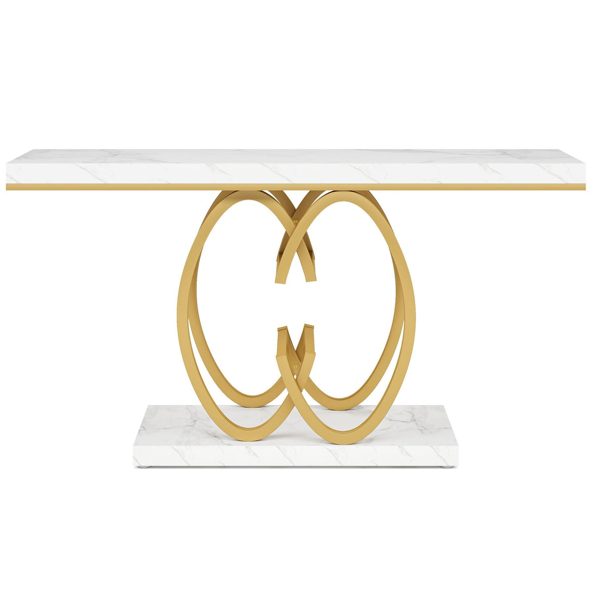 White and Gold Console Table with Geometric Base - Faux Marble