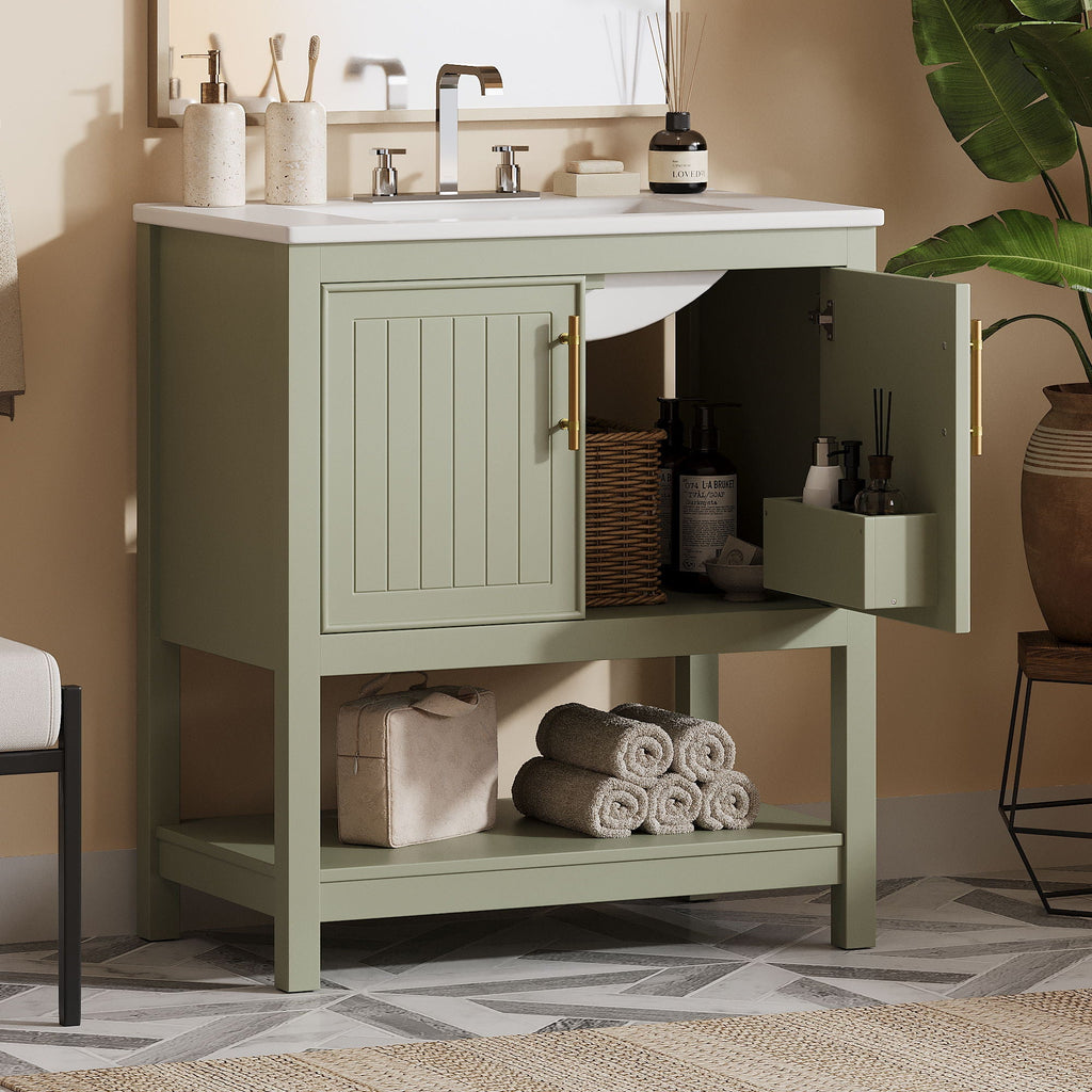 Elegant Bathroom Vanity with Ceramic Sink and Storage - White or Green