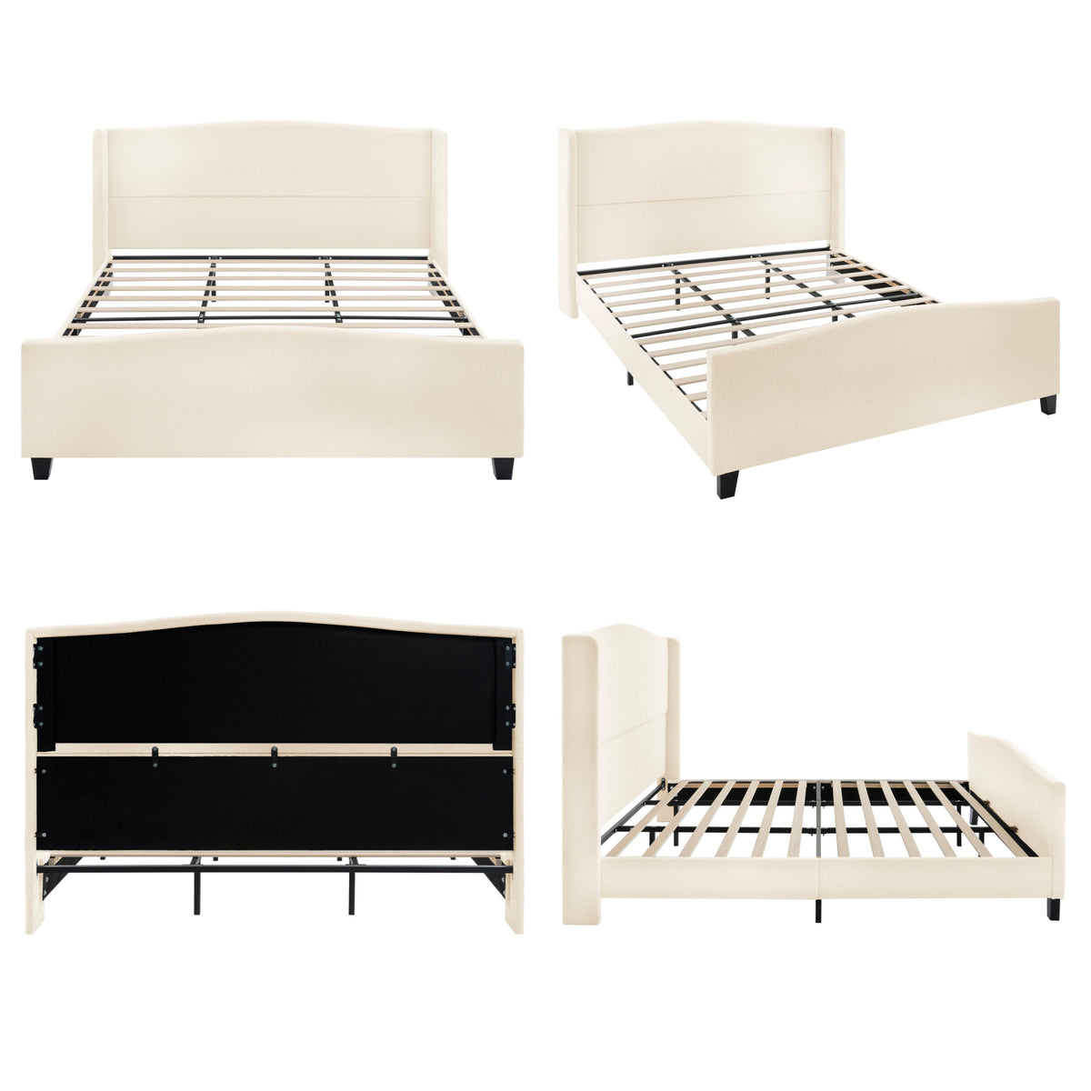 King Size Bed Frame with Upholstered Teddy Velvet Headboard - White