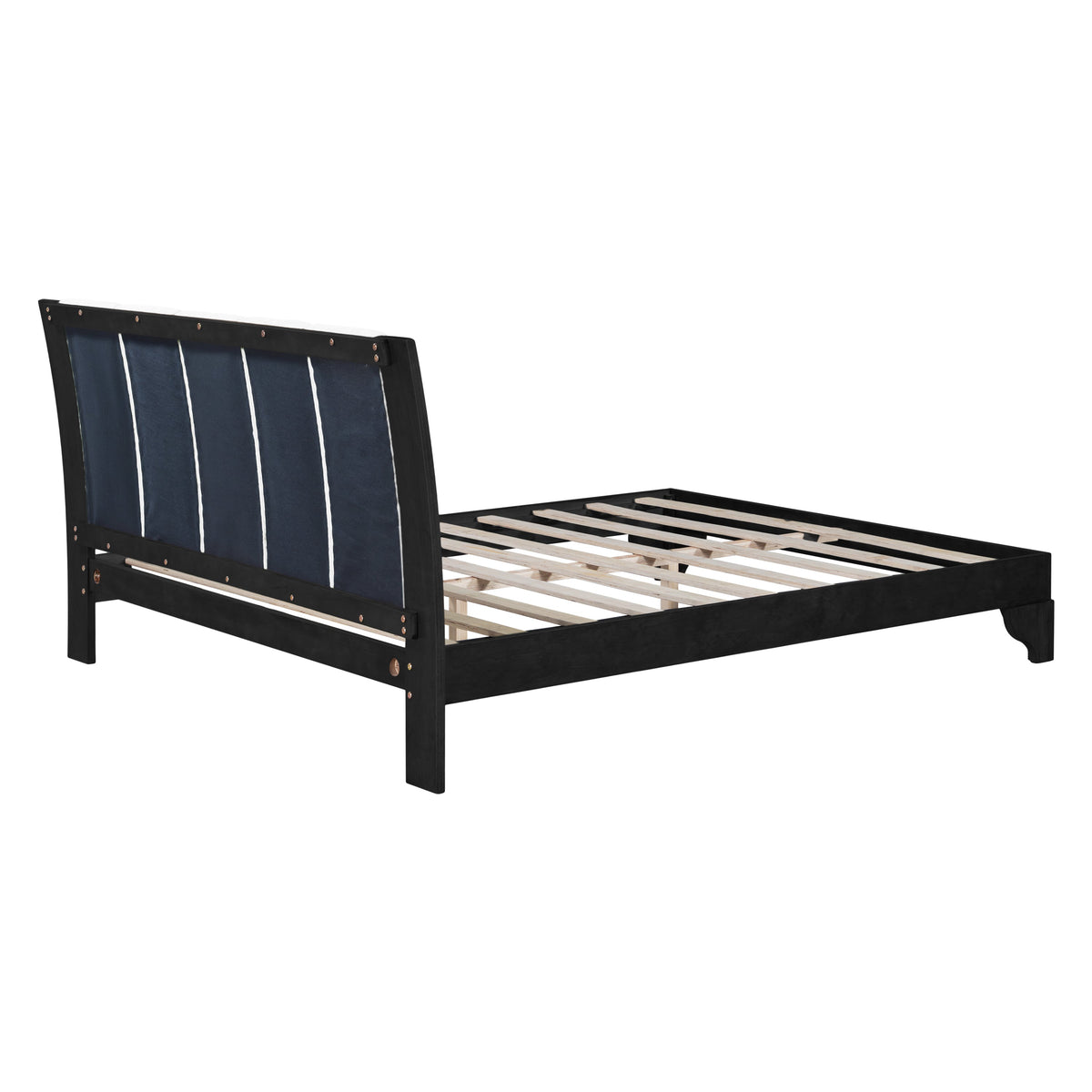 Queen Size Bed Frame with Upholstered Headboard - Black & White Pine