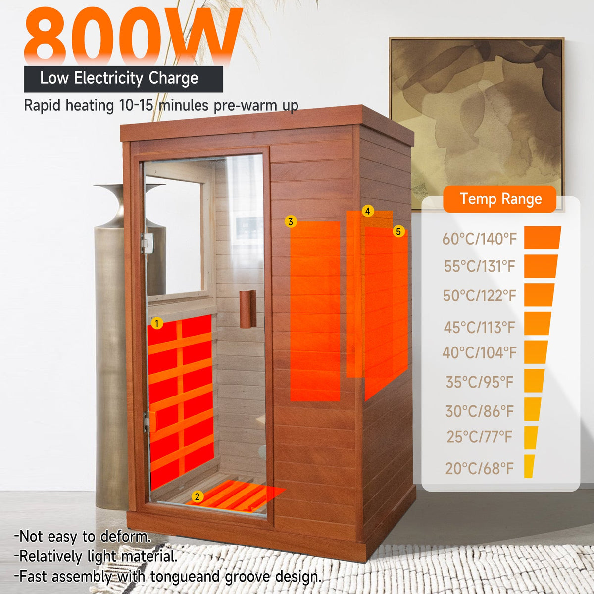 Solid Wood Infrared Sauna Room with Broad-Spectrum Heating Plates - Natural