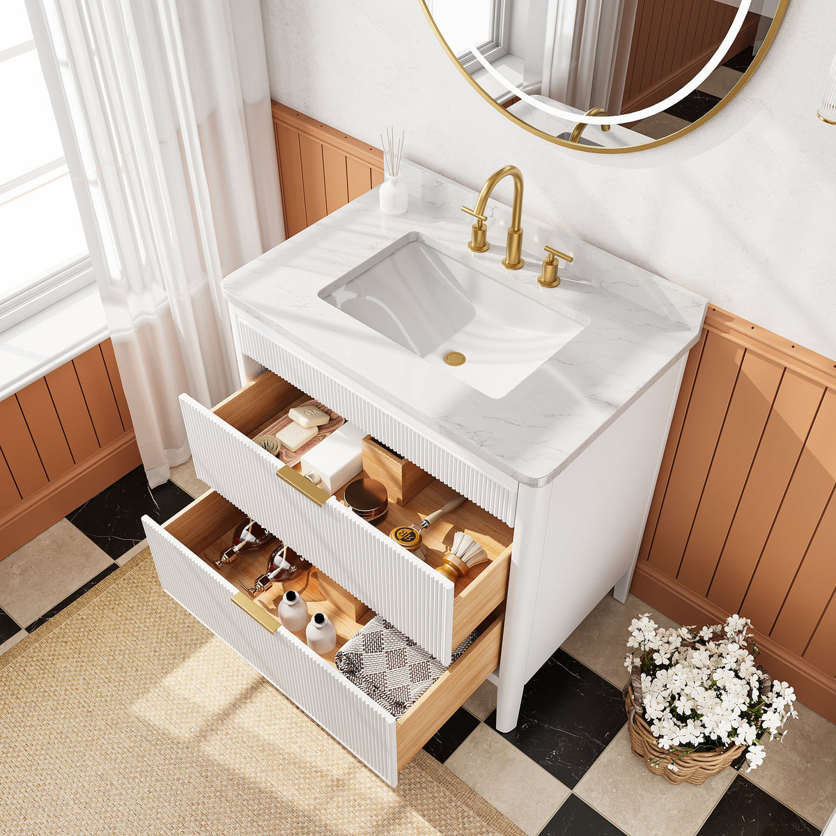Fully Assembled 36'' Bathroom Vanity with Carrara Stone Top - White