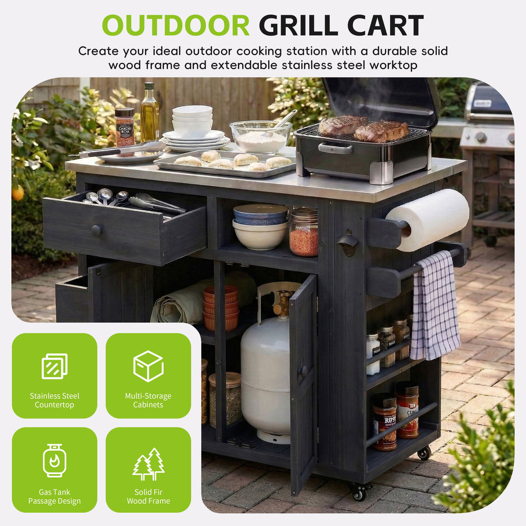 Outdoor Solid Wood Kitchen Island with Extendable Stainless Steel Top - Black, Brown, Gray