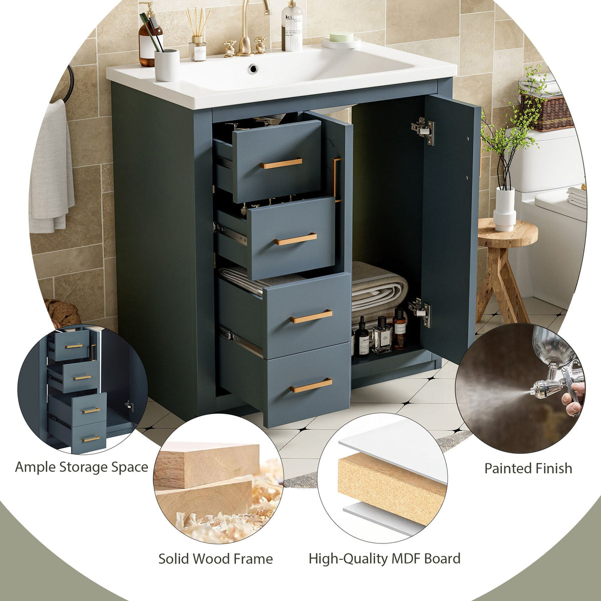 Ceramic Sink Vanity Combo with 3 Drawers and Soft Closing Doors - 30"