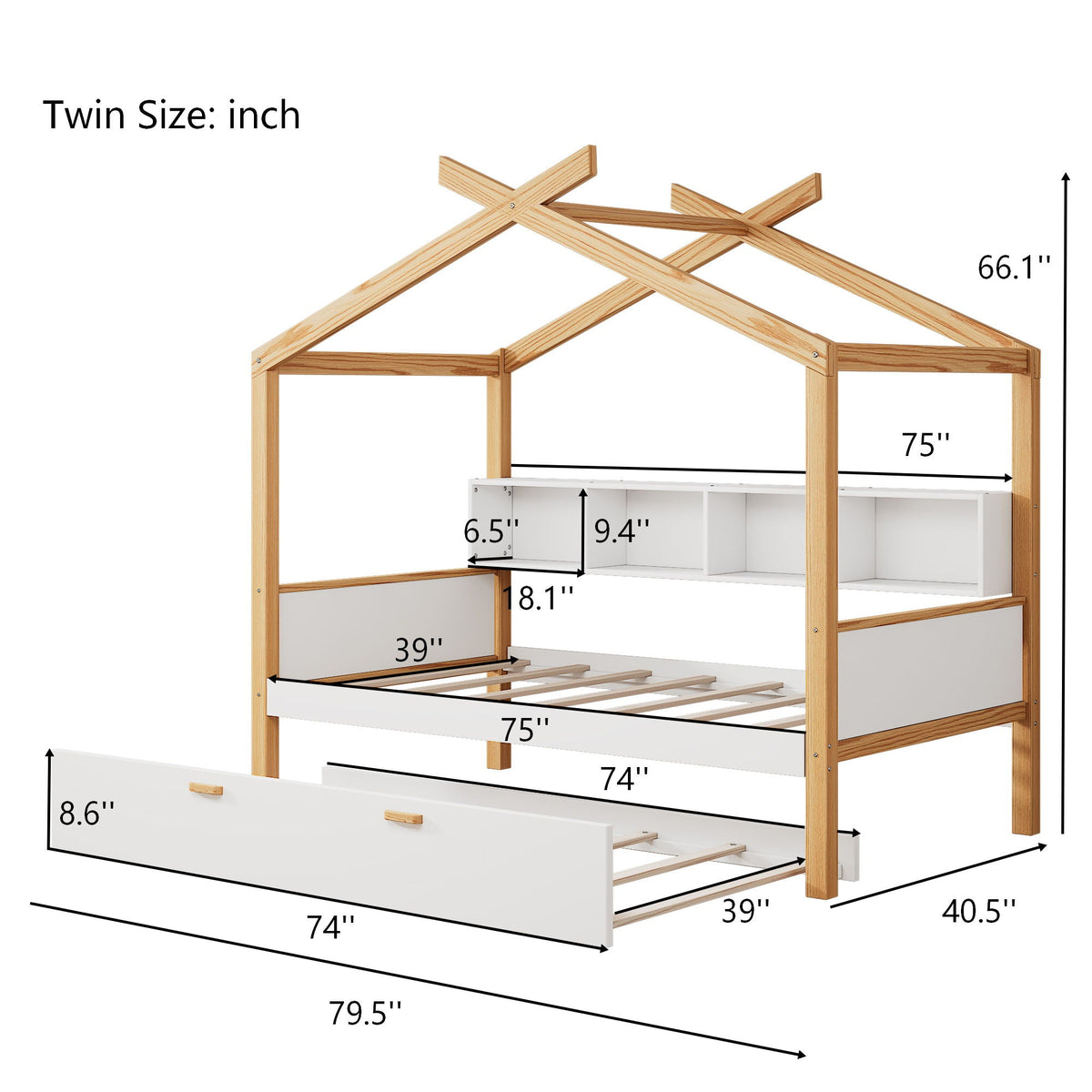 House Bed With Bookshelf Storage and Integrated Shelves - White