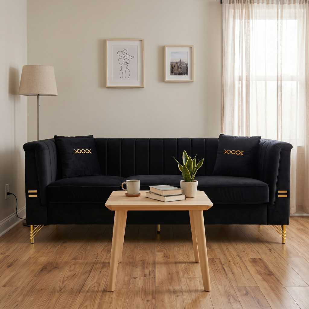 Mosharong-55 Velvet 3-Seater Sofa with Channel Tufting - Gray