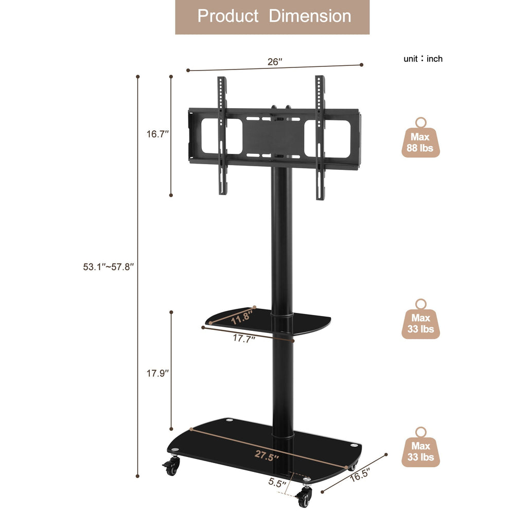 Adjustable Tempered Glass Metal TV Stand with Lockable Wheels - Black