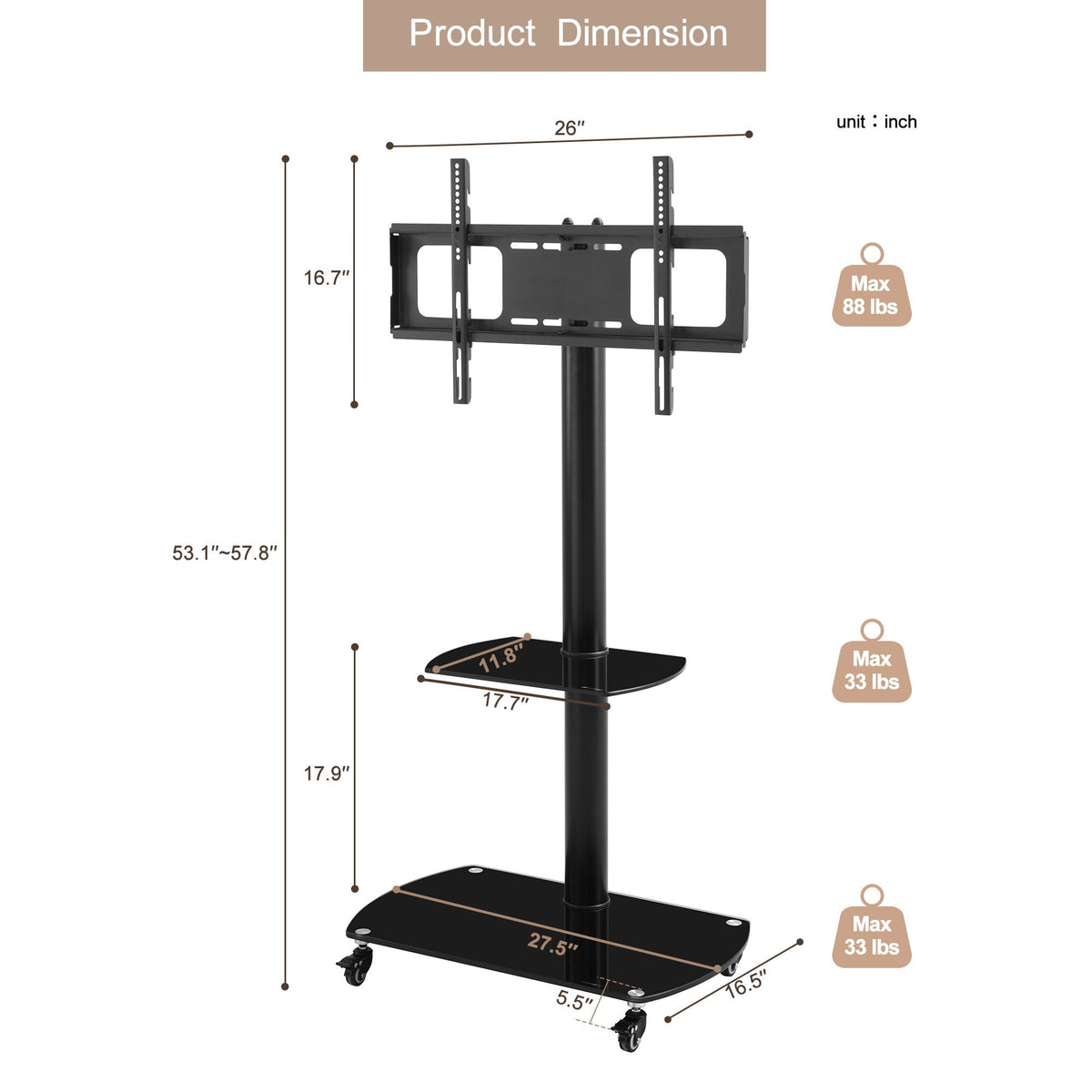 Adjustable Tempered Glass Metal TV Stand with Lockable Wheels - Black