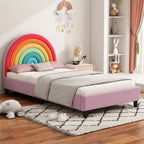 Rainbow Design Twin Upholstered Bed with Sturdy Wood Slats - Pink