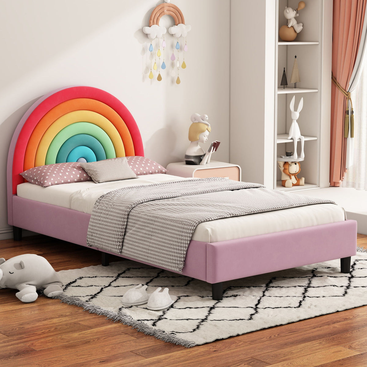 Rainbow Design Twin Upholstered Bed with Sturdy Wood Slats - Pink