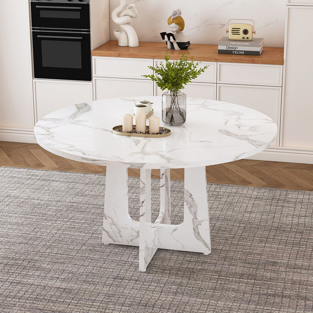 Round Dining Table For 4 with Wood & Iron Construction - Dark Brown or White